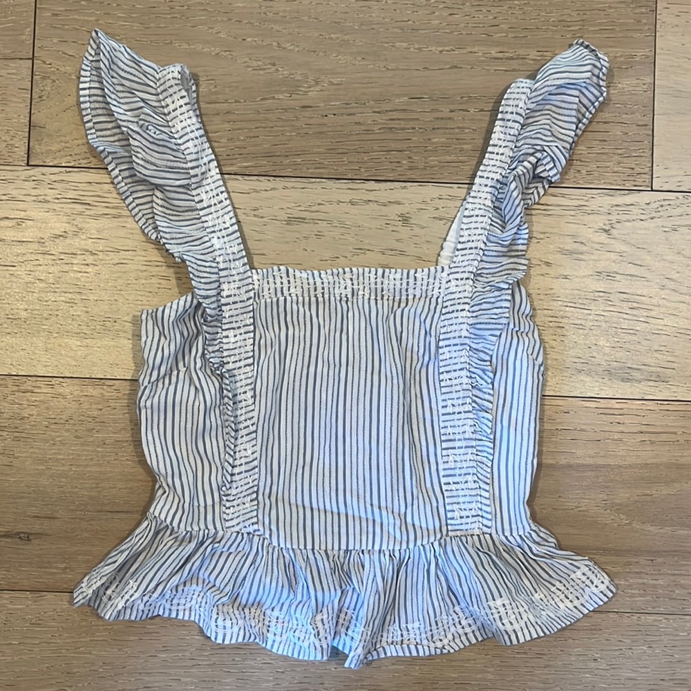 Blue White Striped Ruffled Tank